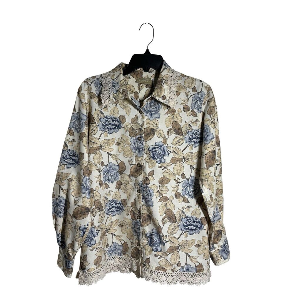 Vtg Liz Claiborne Blue/Tan Fall Floral Lace Trim Snap Button Cotton Blouse L